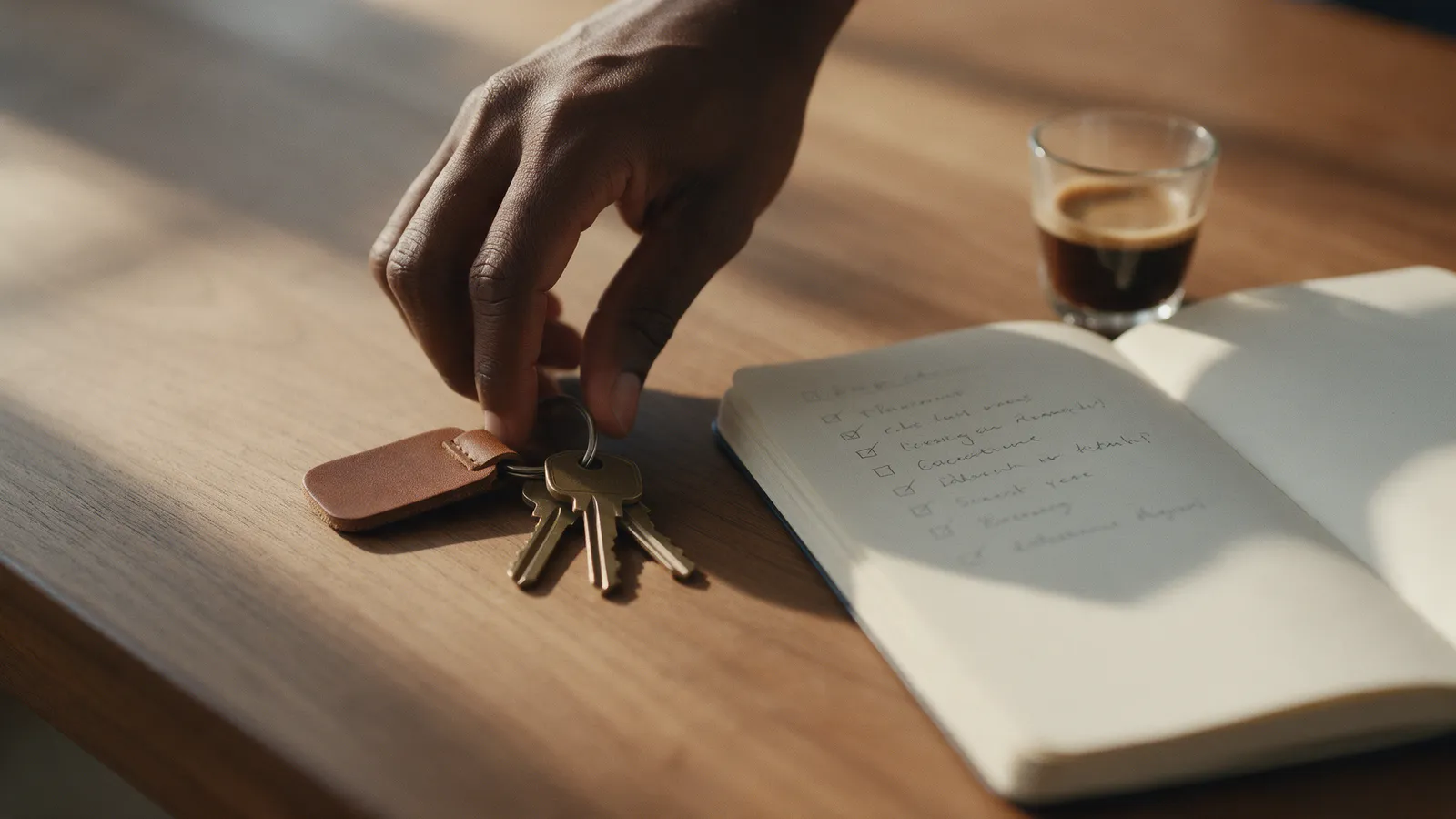 A hand sets down keys next to a notebook of instructions