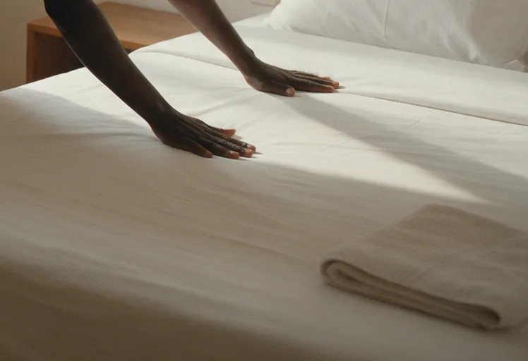 Hands smooth a white sheet on a freshly made bed